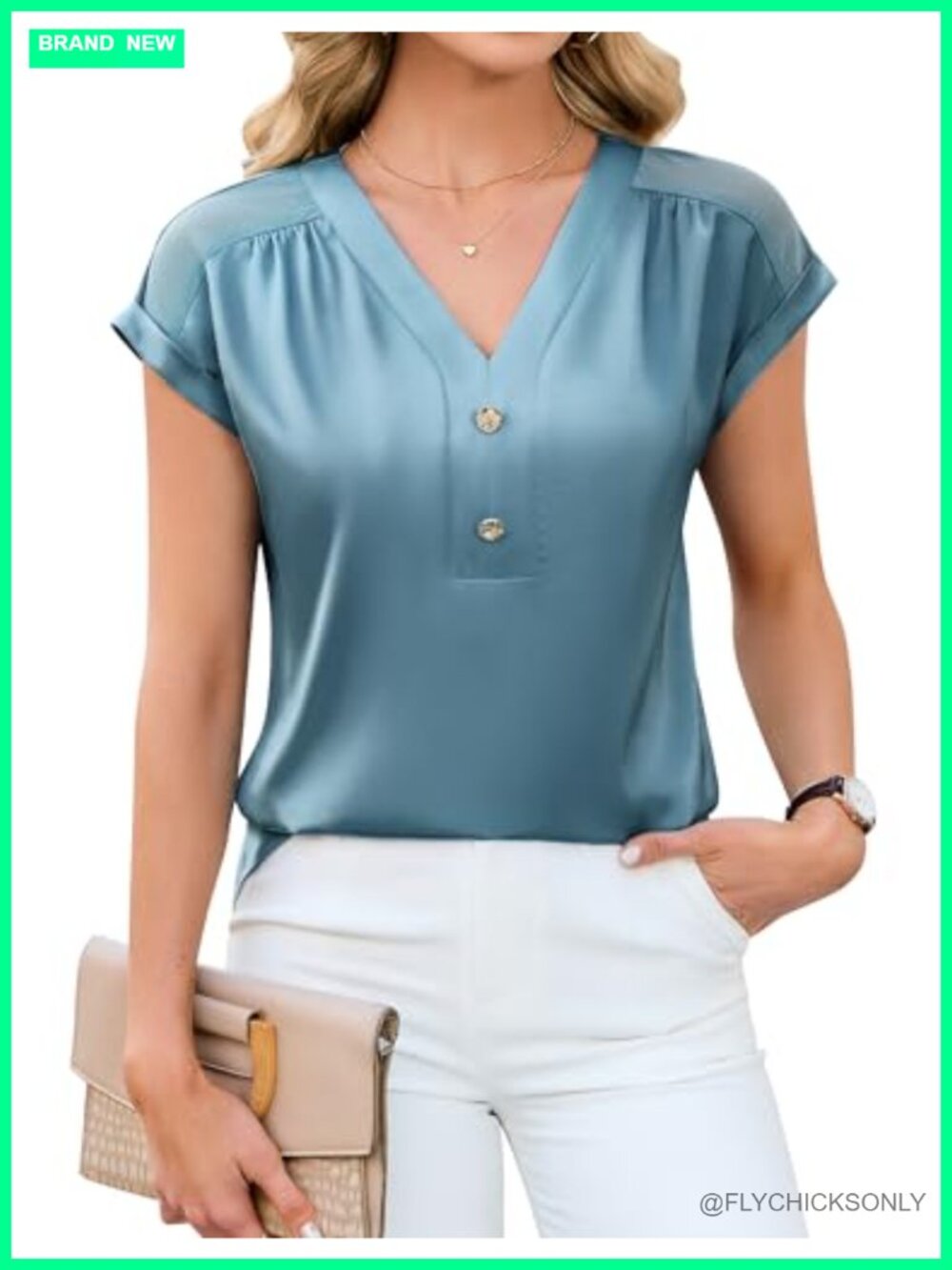 Satin Silk Pleated V Neck Short Sleeve Business Casual Blouse
